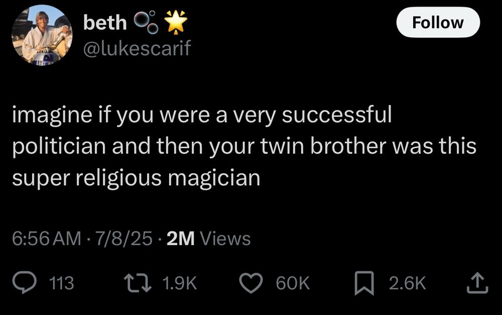 imagine if you were a very successful politician and then your twin brother was this super religious magician