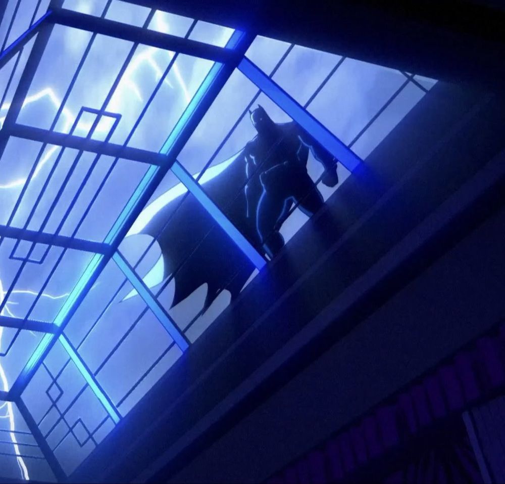 Batman (from CREATURE COMMANDOS) staring down through a skylight window while lightning flashes overhead.
