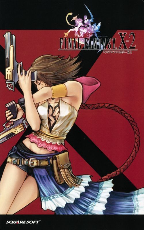 The manual of Final Fantasy X-2 on PS2 with Yuna in her fancy getup in a stylish pose, double wielding guns

The bottom has the Squaresoft logo
