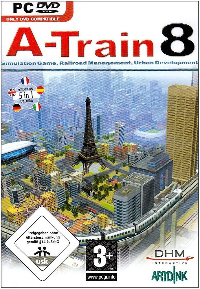 The box art for A-Train 8 on PC, showing a monorail going through a skyscraper city that also has the Eiffel tower in it 