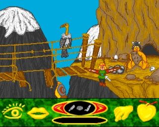 Several screenshots from the folksy and cartoony atmosphere from the fantasy setting in Złoty Medalion on Amiga