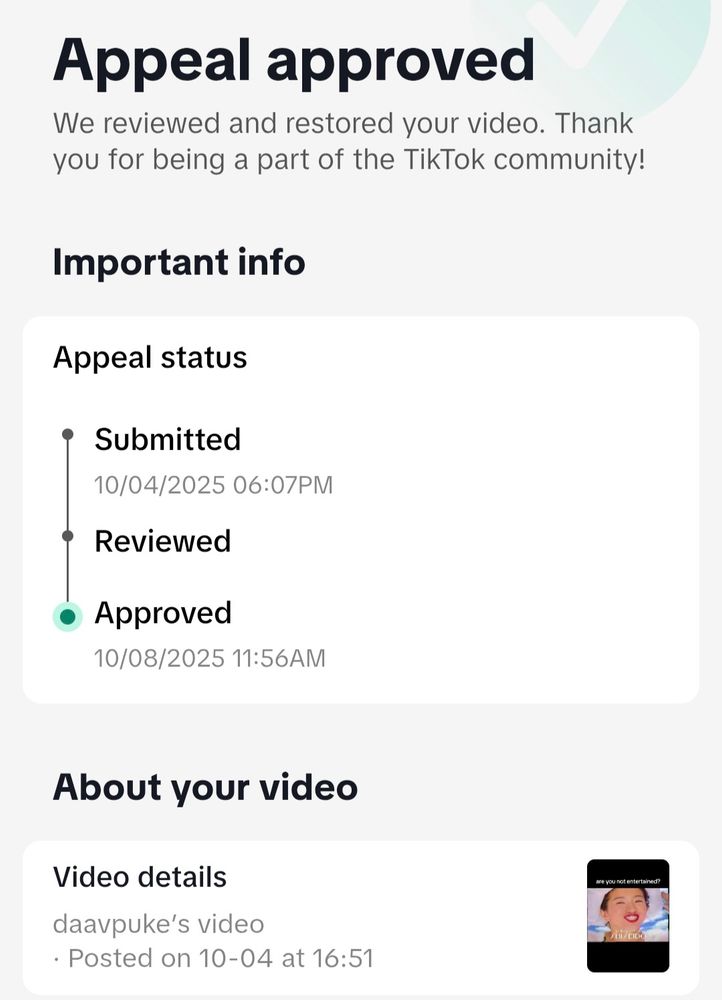 An approved appeal on TikTok for a story, which was submitted 4 days ago