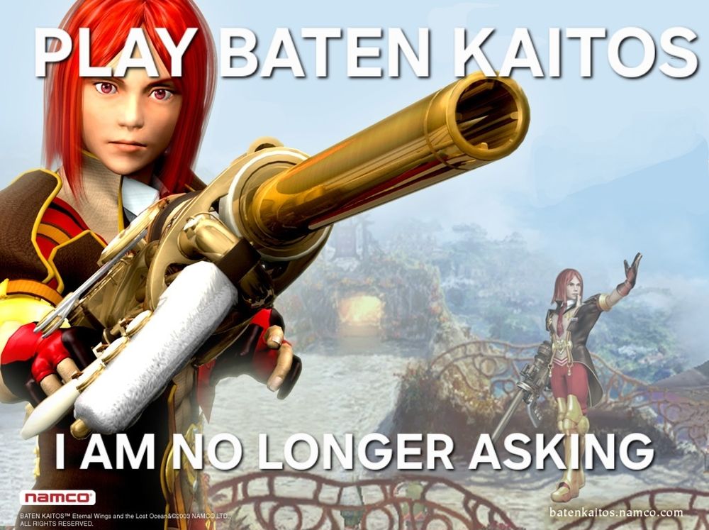 Lyude, the trumpet weirdo from Baten Kaitos, points one if their barreled instruments are you. Text reads: 

PLAY BATEN KAITOS 
I AM NO LONGER ASKING 