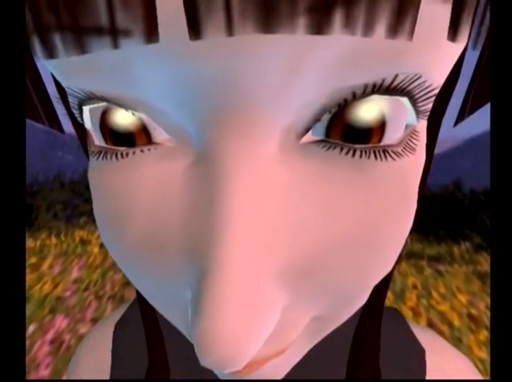 A distorted fisheye closeup of a black haired girl's face, staring directly at/through you