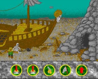 Several screenshots from the folksy and cartoony atmosphere from the fantasy setting in Złoty Medalion on Amiga
