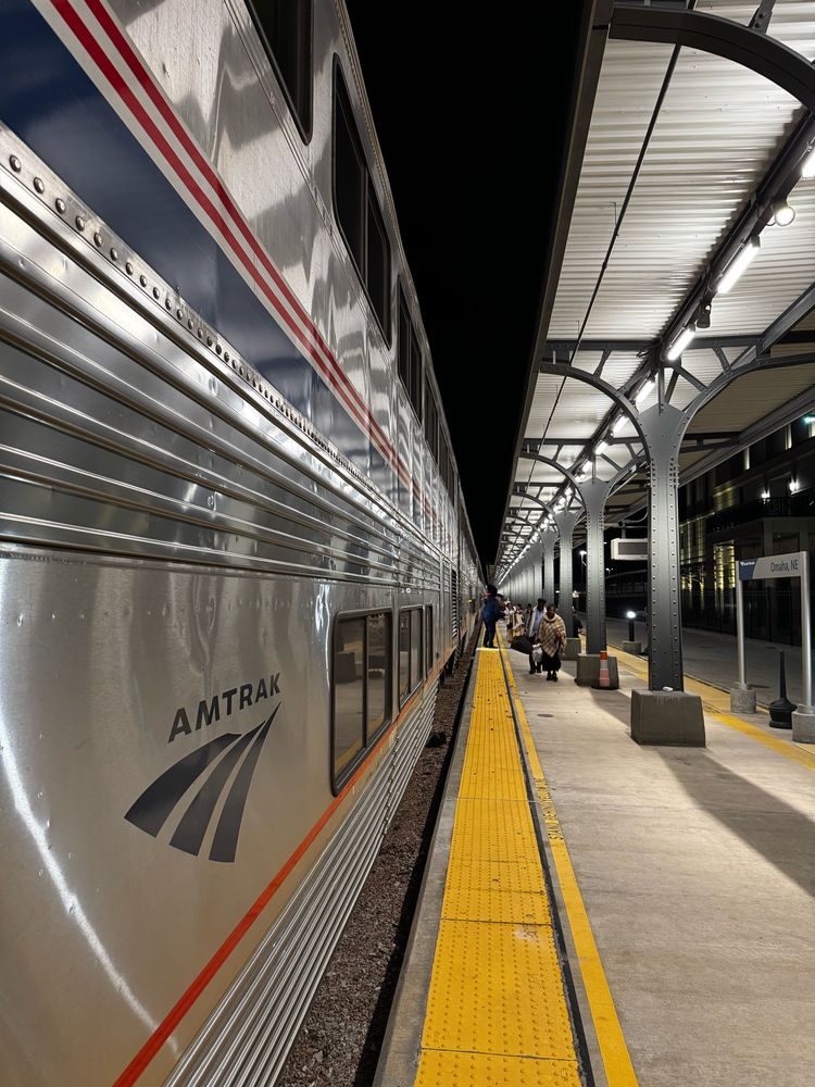 The California Zephyr Amtrak train pulled alongside the Omaha platform for passengers to board.
