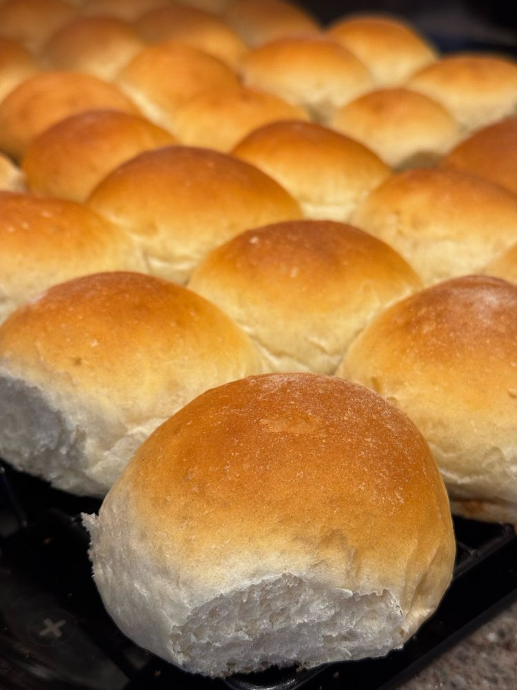 White dinner rolls cooking on a rack.