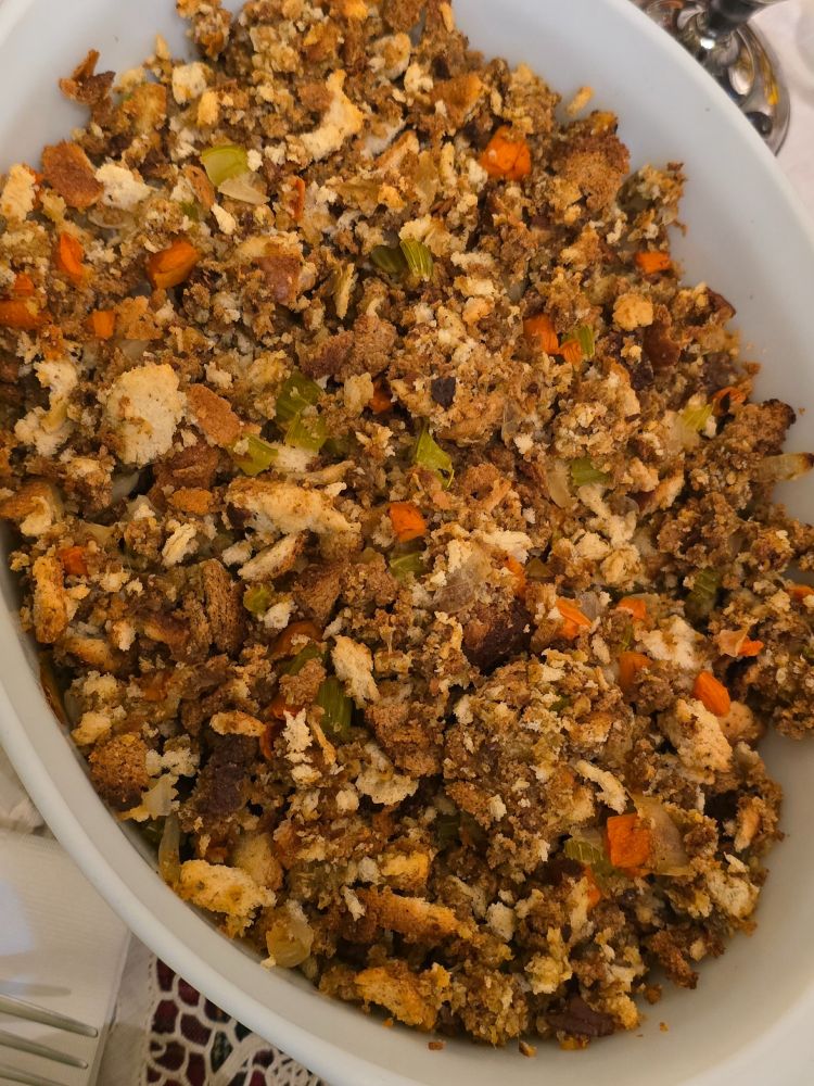photo of a gorgeous simple stuffing in a casserole dish