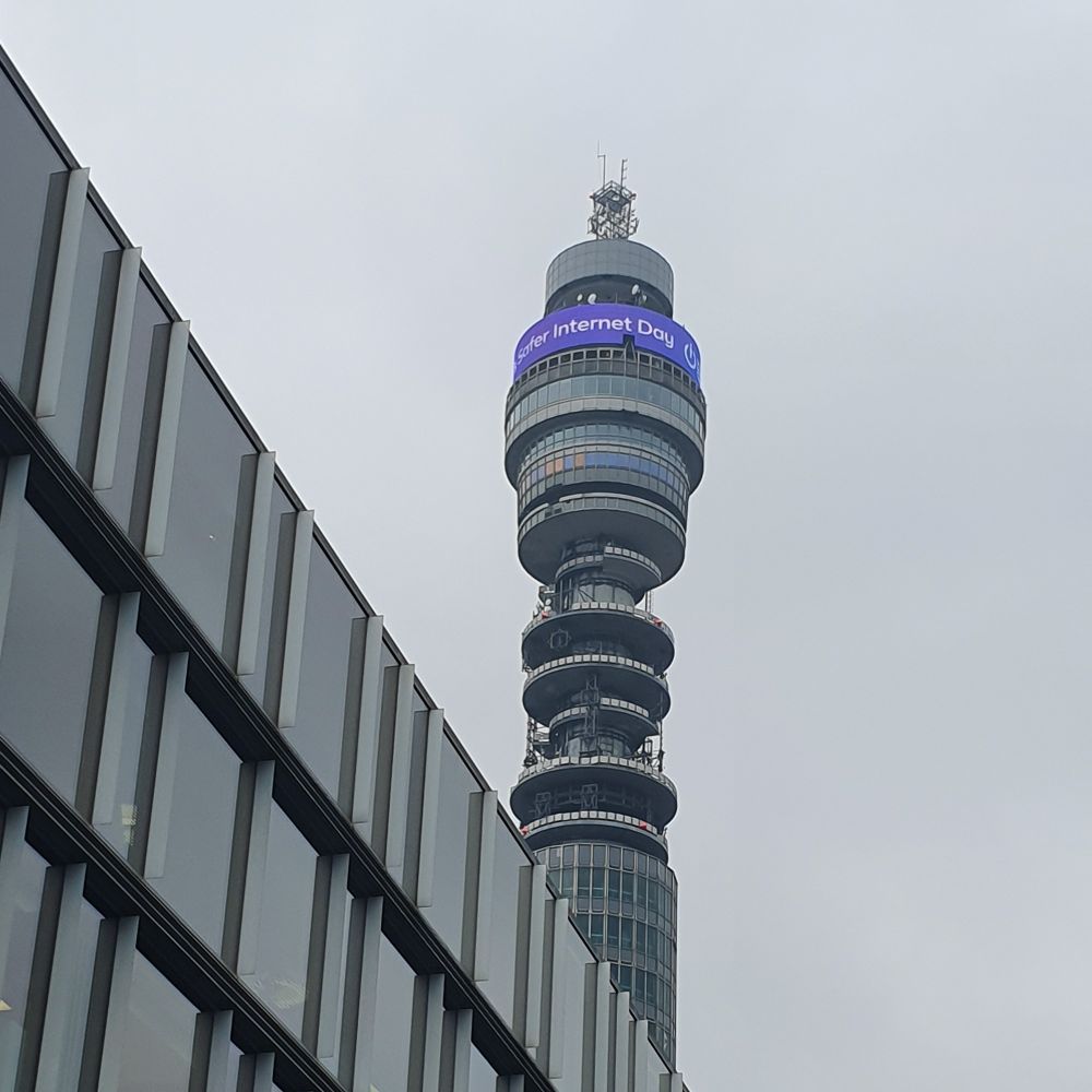 Picture of the BT tower with a purple banner saying Safer Internet Day