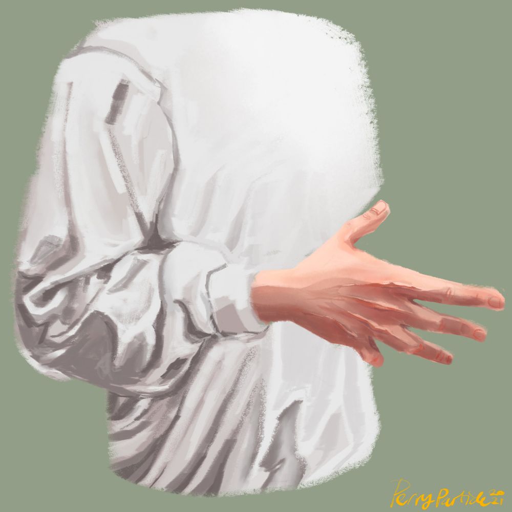 art study of someone's white sleeve plus their hand. only half of it is rendered