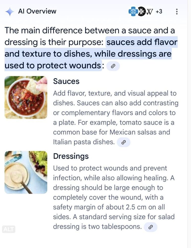 AI Overview of what seems like a search result for "difference between sauce and dressing": a correct definition of sauce, with an image of a small bowl of pico de gallo, is given, while for dressing, the image shows a bowl of possibly tahini sauce and the text is "Used to protect wounds and prevent infection, while also allowing healing [...] A standard servinc size for salad dressing is two tablespoons".