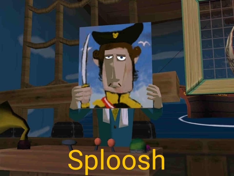 A screenshot of The Legend of Zelda: Windwaker featuring the game attendant for the battleship game on Windfall Island. The text at the bottom reads Sploosh