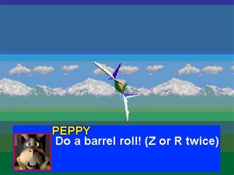 "Peppy: Do a barrel roll! (Z or R twice)"

A screenshot of Star Fox 64 showing the Arwing ship against a backdrop of white mountains, a cloudy blue sky, and green fields. A blue text box contains a portrait of an anthropomorphic rabbit with the transcribed text.