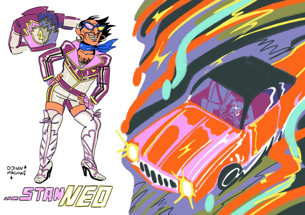 On the left, Spamton Neo design for Stan, human AU version of Spam. He's wearing a pink, white & plum rally racing style jacket and shorts, and thigh high heels.
On the right, an illustration of the SNEO sequence from my fic. Stan is manically driving his Chevy Malibu, traffic lights flash by in ribbons, Kris is sitting frozen in fear in the passenger seat.