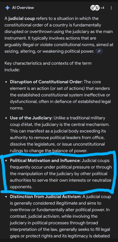 AI discussion of what a judicial coup is. It specifically mentions the use of politic groups to manipulate the judiciary for their own goals.