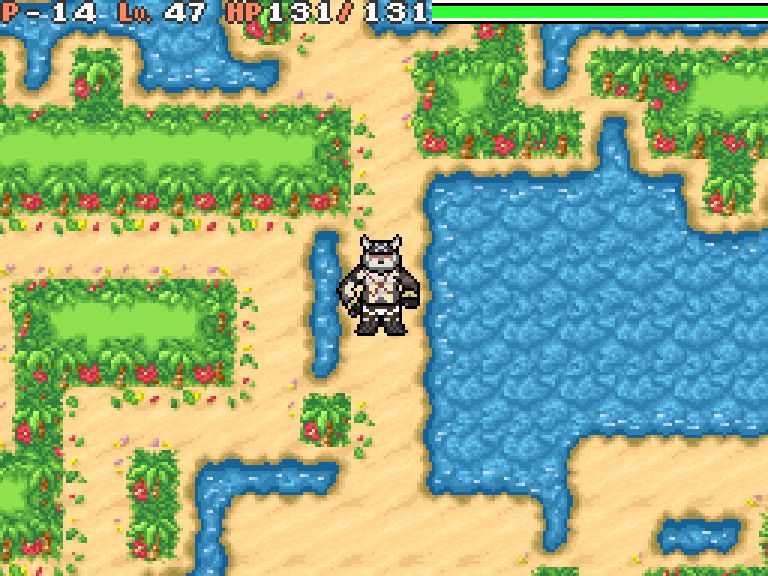 a screenshot of what looks to be the game pokémon mystery dungeon explorers of the sky: it's the marine resort area, only the water is distinctly less turquoise and more blueish. the sand is slightly darker than the original.
On the middle, fullhouse from another eidos is standing in a hallway surrounded by water and trees. he is level 47, has 131HP and is at floor -14 [marine resort has positive floors].
