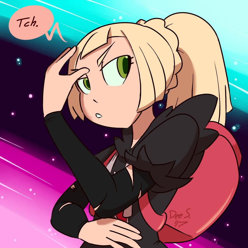 AU of Lillie in Gladion's position and outfit. She has an annoyed look on her face and is striking an edgy pose. the background is a vs battle gradient flair. "Tch." she says, you know that noise edgy anime boys make.