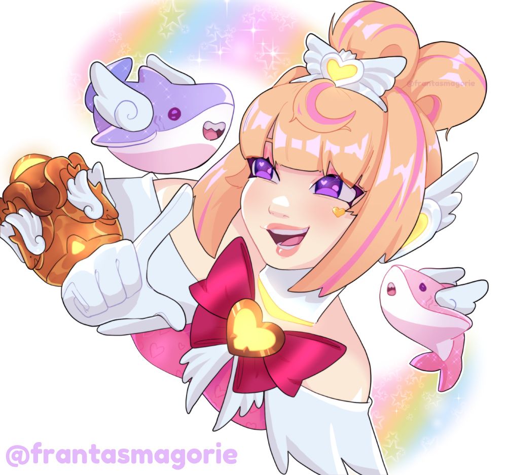 Bust up digital drawing of Juno from Overwatch 2
She is wearing her Magical Girl Mythic skin, pointing at one of her little shark familiars. 