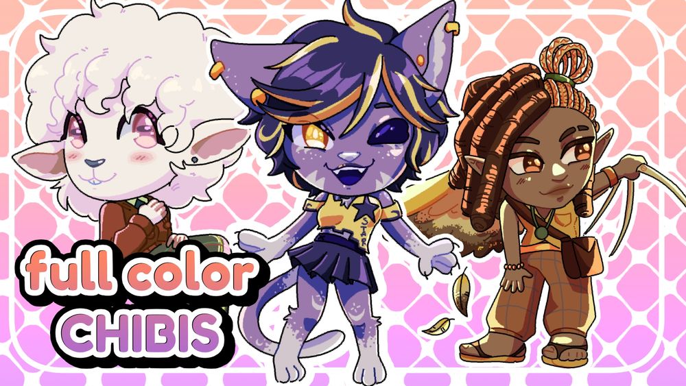 Digital chibi drawing of three characters! Celeste (cat) belongs to @royalelectrix on toyhouse. Lilly (lamb) belongs to @ultimateyurilover69 on TikTok. Nic (elf) belongs to @ilsoysauce on toyhouse.
Text reads "full color CHIBIS"