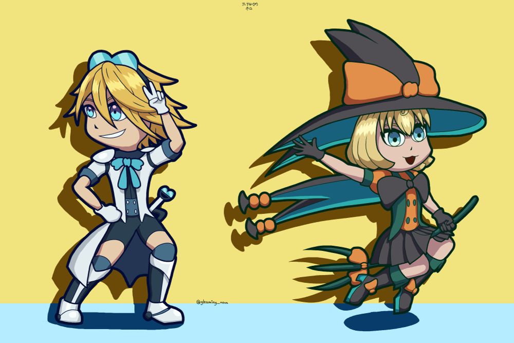 chibified versions of Nijisanji English Virtual Youtubers Yu Q Wilson (left) and Millie Parfait (right) in attire based off of magical girls and magical boys