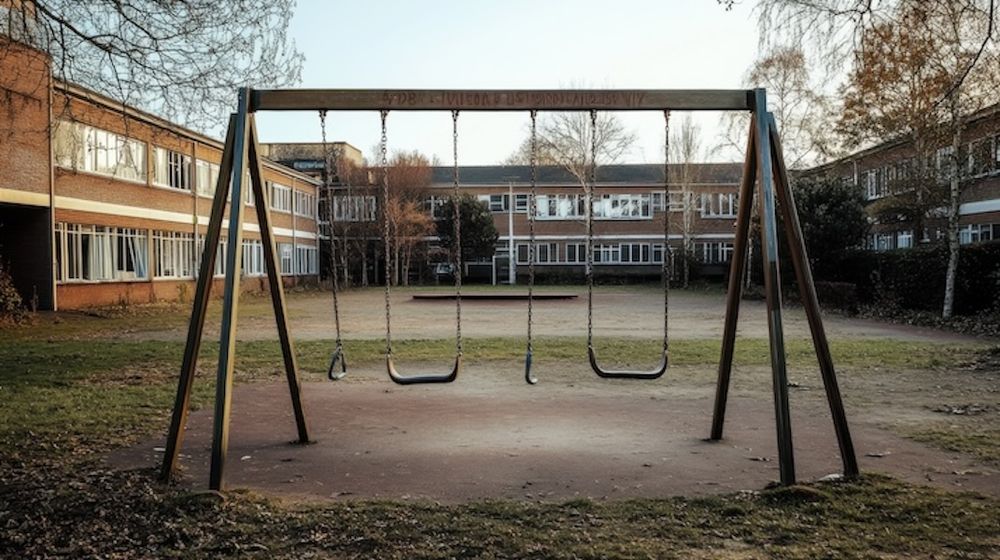 empty swingset in empty schoolyard