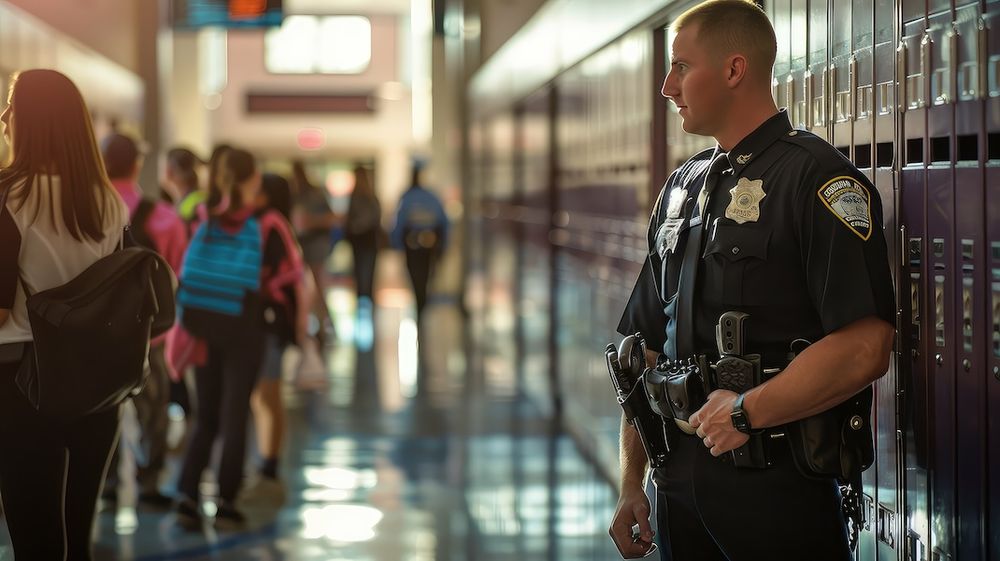 students walking down school hallway with policeman looking on