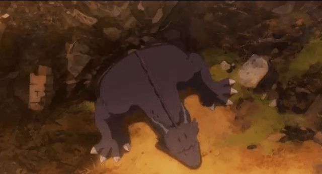 Ravendia from the second season of A "Herbivorous Dragon of 5,000 Years Gets Unfairly Villainized" trying to get out of a small tunnel, but can't due to his large size.