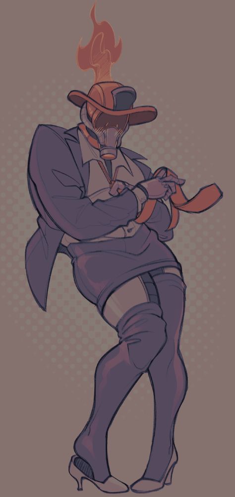 Fire—set—er from Corp—rate Cla—ash in an ill-fitting office uniform, looking sheepish.