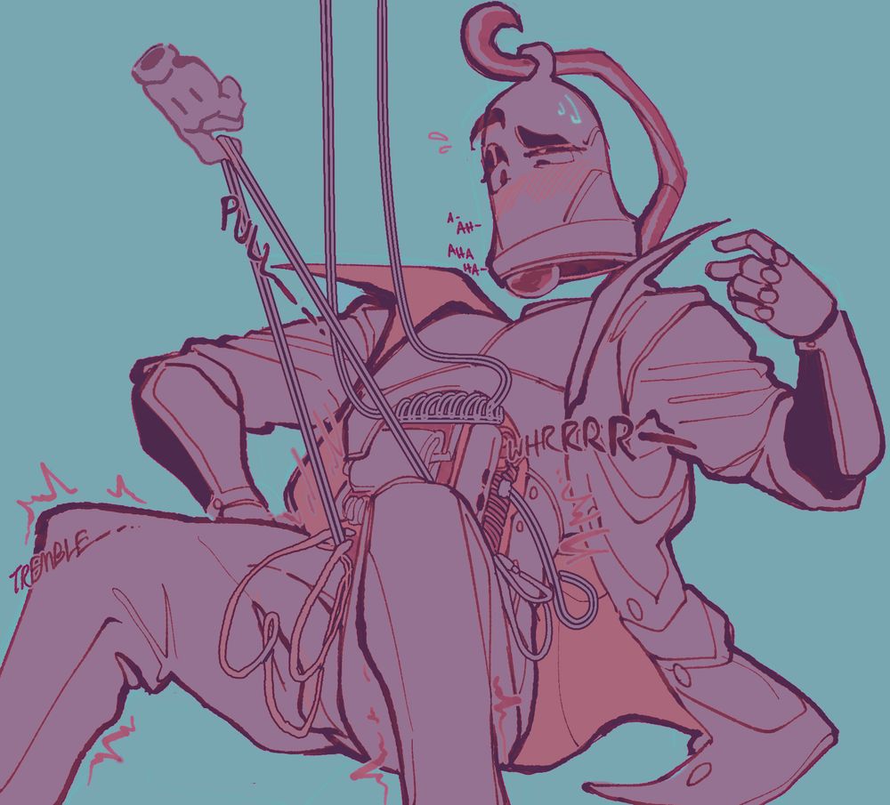 Benjamin splayed across the floor, his coat pulled open and various cords being pulled and strung about from his torso, making his legs quiver and his face contort with pleasured whimpers.