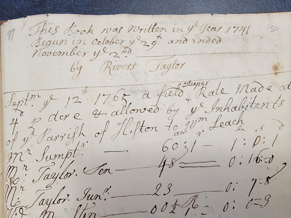 A page from the Terrier of Histon, Cambridgeshire, created by resident Rivers Taylor in 1741, including his signature