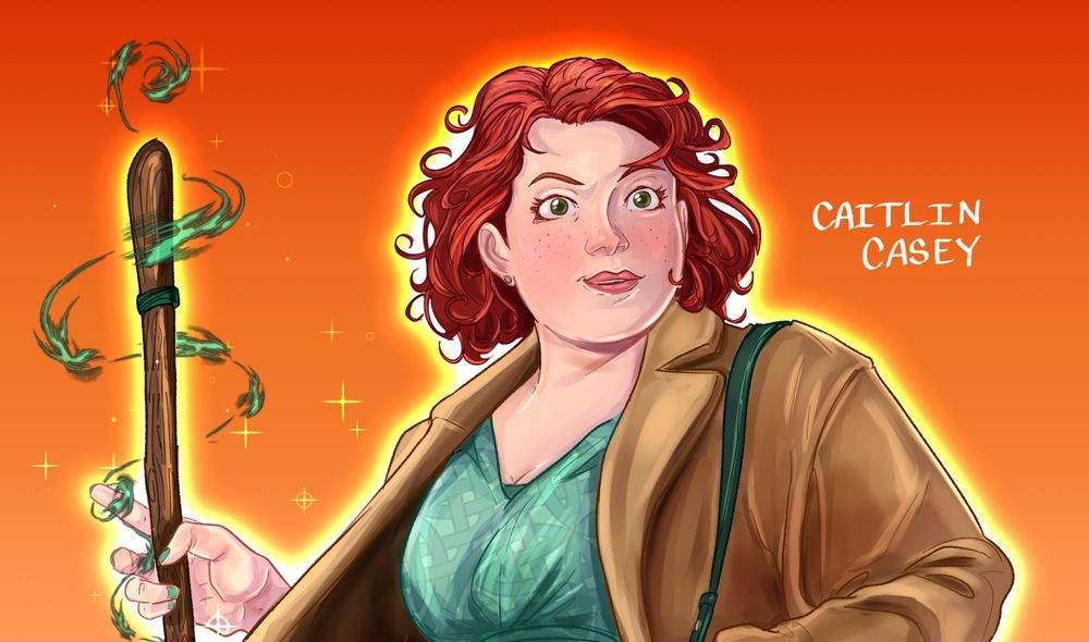 Close-up crop of Caitlin Casey. Soft, round-faced woman with warm, freckled skin and curly auburn-red hair. Her expression is a confident, but friendly smirk. A orange background. Her hand, slightly cropped, is holding onto a broom.