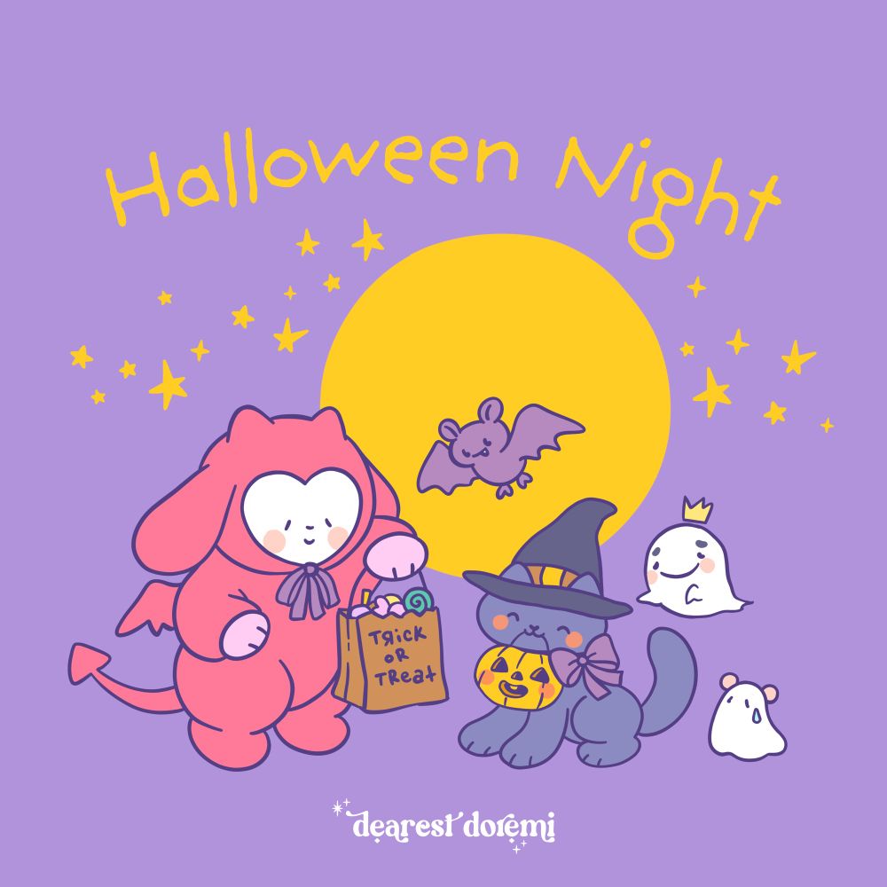 Illustration of a group of cute cartoon characters standing under a full moon and stars on Halloween Night. From left to right: a bunny dressed up as a demon holding a bag of candy, a witch cat, a flying bat, a mouse dressed up as a ghost, and a real ghost! Text reads “Halloween Night”