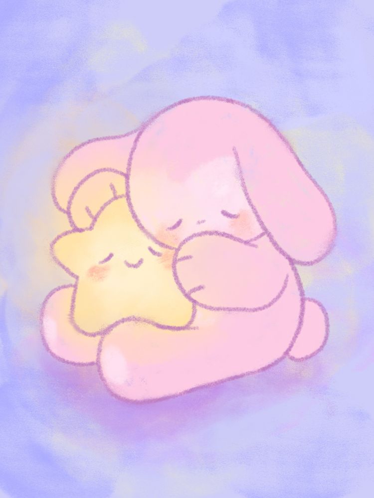A digital illustration of a cartoon lop-eared bunny. They are resting and hugging a friendly star against a dreamy purple backdrop.