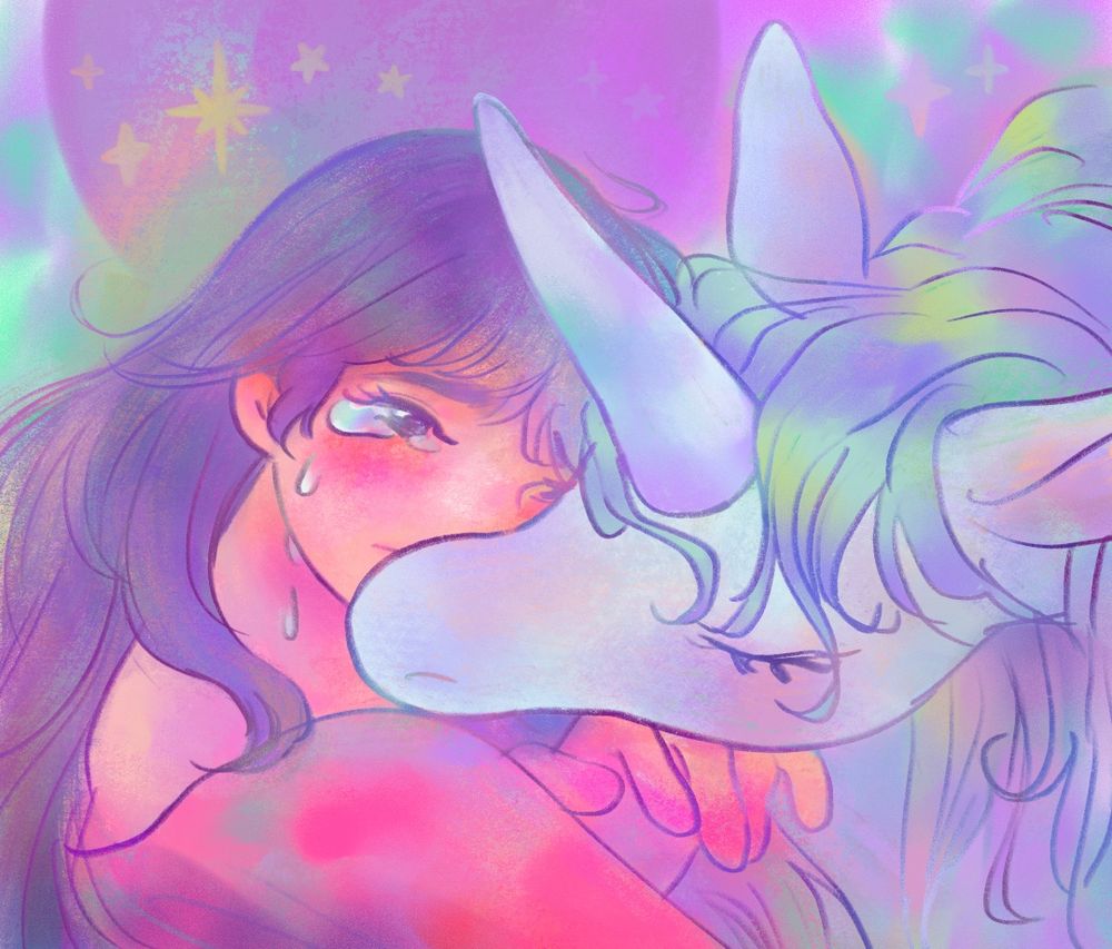 A digital illustration of a crying girl with dark hair being comforted by a unicorn. There is a faint outline of a moon in the background, and iridescent stars and sparkles.
