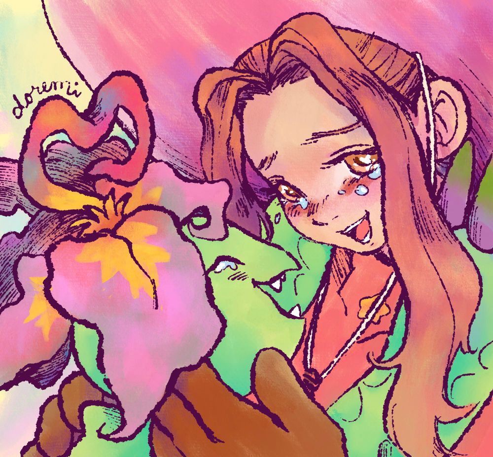 Digital illustration of a warm and tearful reunion between Palmon and Mimi from Digimon