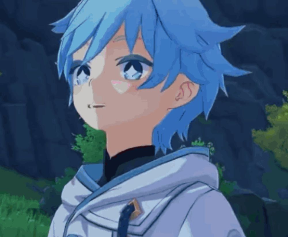 a close up of a person with blue hair in a video game