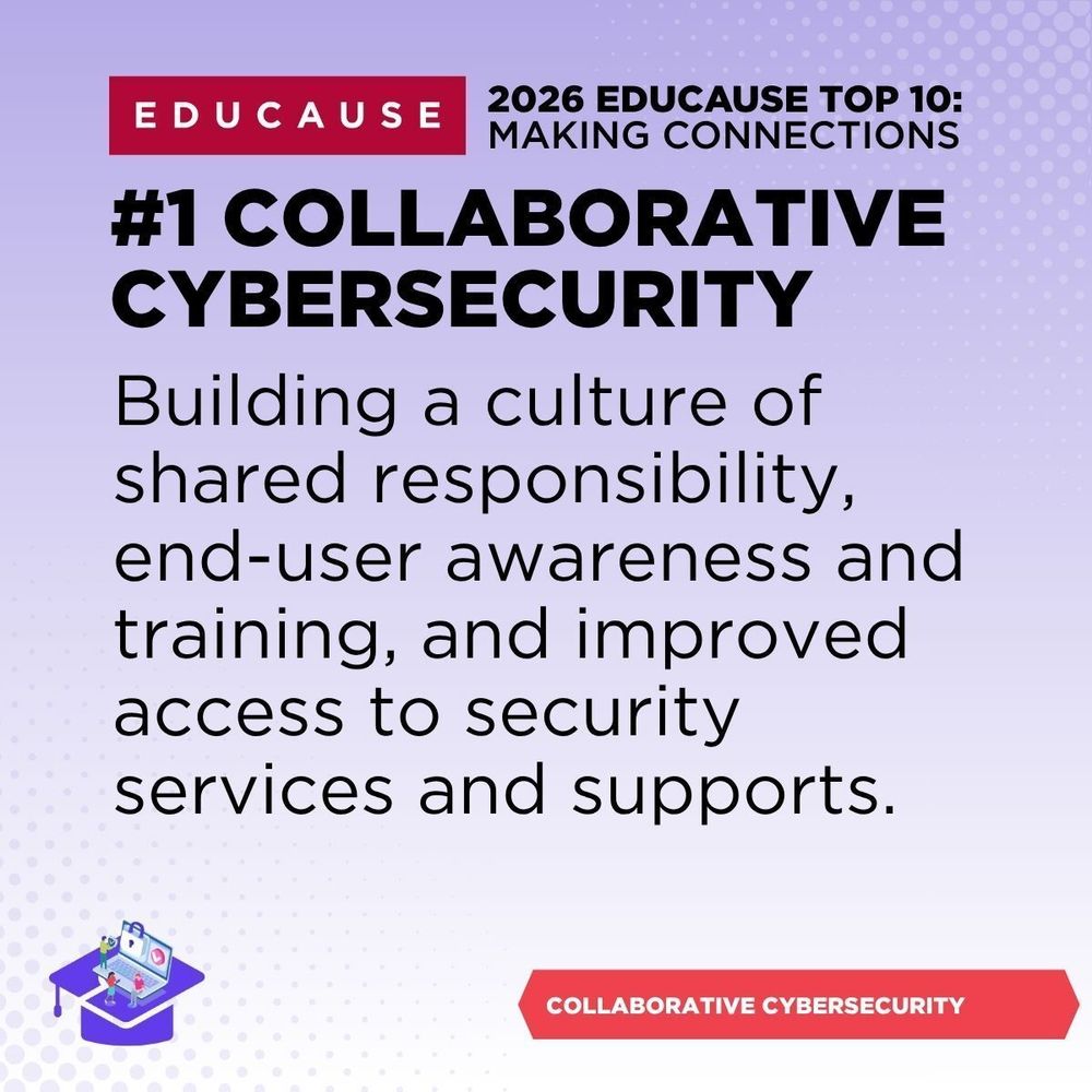 EDUCAUSE 
2026 EDUCAUSE Top 10: Making Connections
#1 Collborative Cybersecurity
Building a culture of shared responsibility, end-user awareness and training, and improved access to security services and supports.