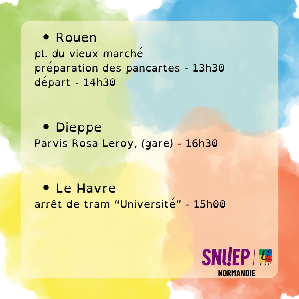 Rouen : 13h30 place du vieux marché pour créer les pancartes et départ 14h30
Dieppe : Parvis Rosa Leroy, gare de Dieppe - 16h30
Le Havre : mercredi 26 février à 15h à la Maison des Syndicats Discussions et atelier panneaux pour échanger et écrire nos revendications puis RDV le samedi 8 mars à 15h pour manifester Départ de l’arrêt de Tram Université 