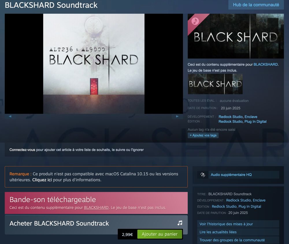 Capture d'écran de la page Steam de l'OST du jeu Blackshard