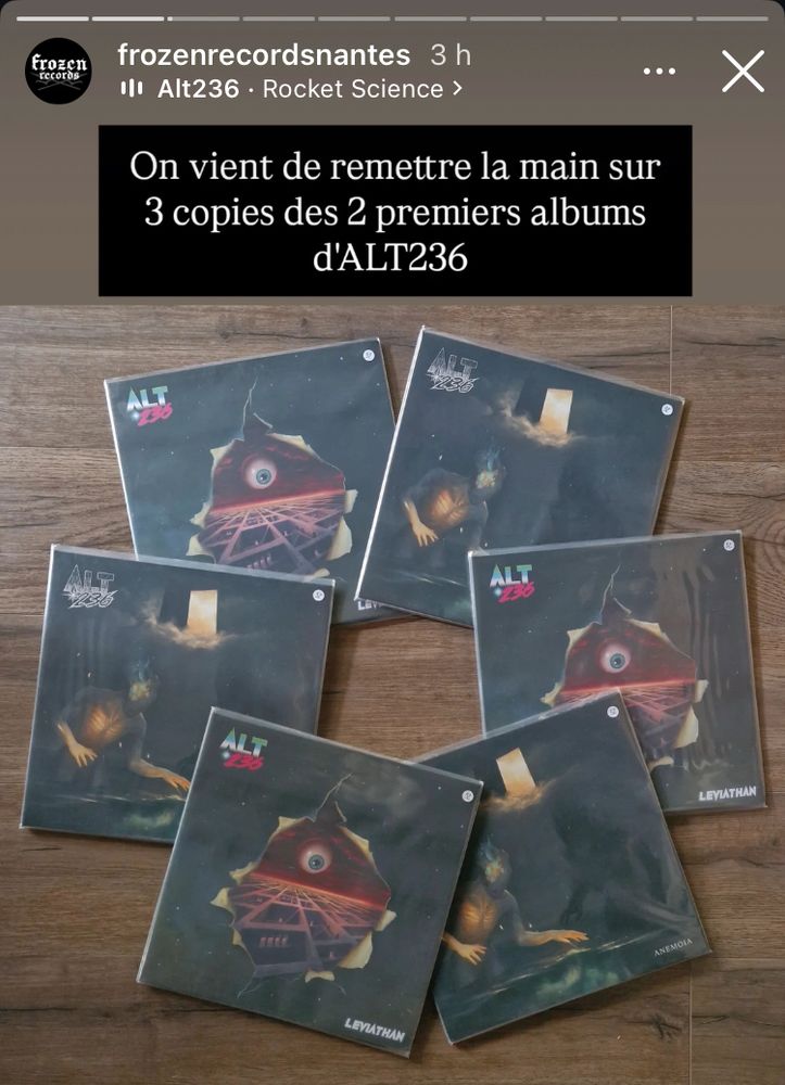 Capture du réel Instagram posté par Frozen Records.
2 premiers albums de Alt236 ; format vinyle 
3xLeviathan
3xAnemoia