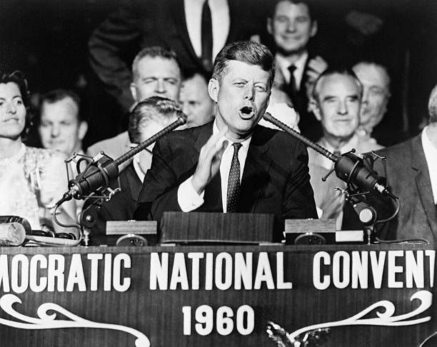 Senator John F. Kennedy delivers remarks on stage at the Democratic National Convention in Los Angeles, California.