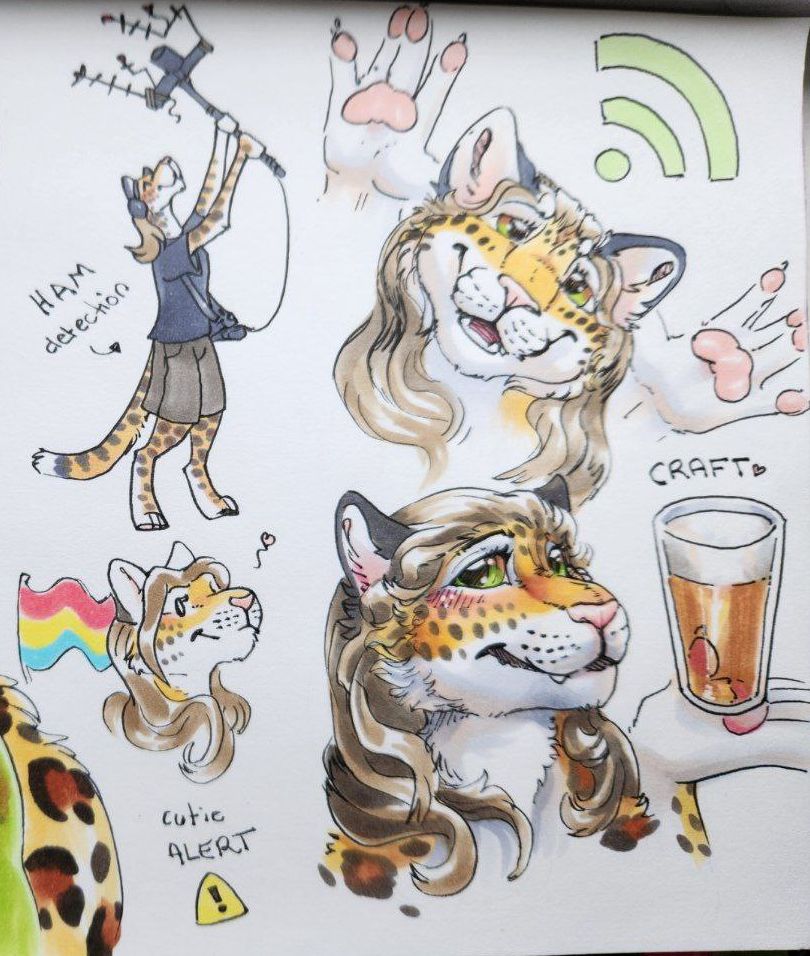 sketches of anthro leopard headshots including holding a glass of craft beer and holding a bunch of antennas and a pansexual flag