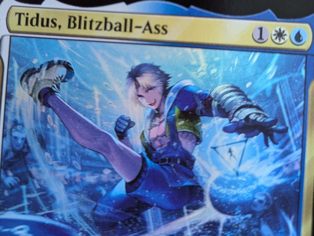 A photo of the MTG Tidus card but in German. The title of the card is "Tidus, Blitzball-ass".