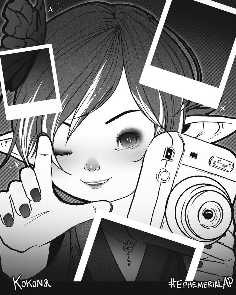 A greyscale portrait of the player character from FFXIV, Kokona. She is measuring the viewer for perspectives as she holds the instant camera in her other hand. Getting read to take another picture with a broad, open smile on her face.