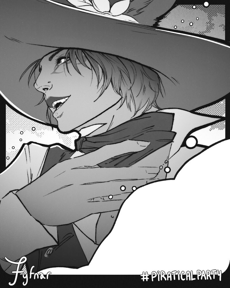 Quick greyscale portrait of the FFXIV player character, Fyfnar. They are looking off-screen while smiling openly and happily as the clouds drift by them in the wind.