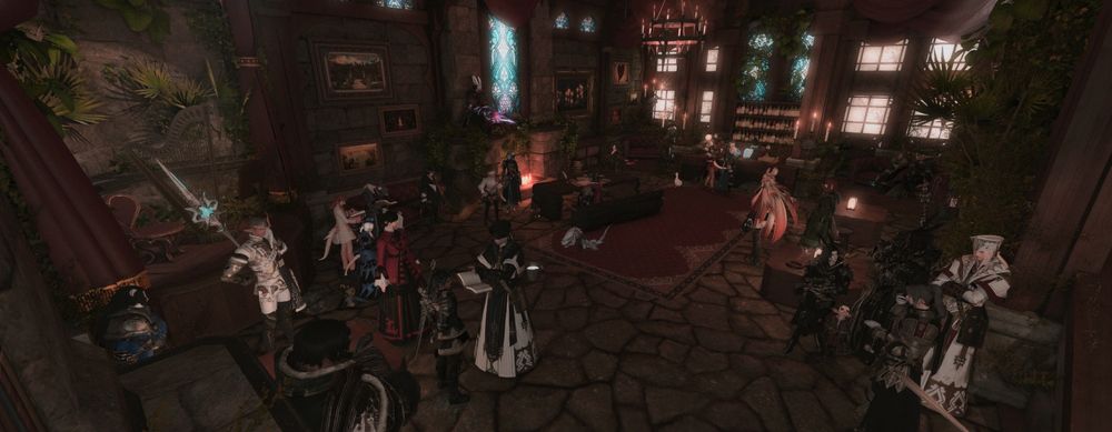 Ishgardian higher end lounge club build. It was build as a surprise for Choccy with rich reds, cool stained glass and stony accents.