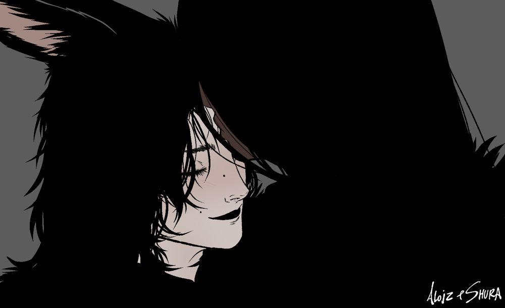 cooldown doodle of Alojz and Shura while I was still at an AP. Alojz is blushing and smiling softly as Shura kisses his forehead.