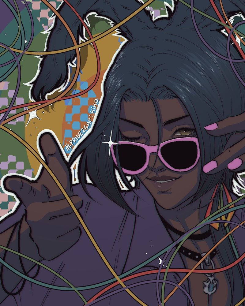 A coloured portrait of the Final Fantasy XIV character, Kiko. They are shooting a finger gun towards the viewer with a sly smile as the indication of Kiko sliding down their sunglasses is given. The background is colourful and distorted in places with checkerboard and rainbow with various coloured lines in the foreground surrounding and bordering Kiko. 