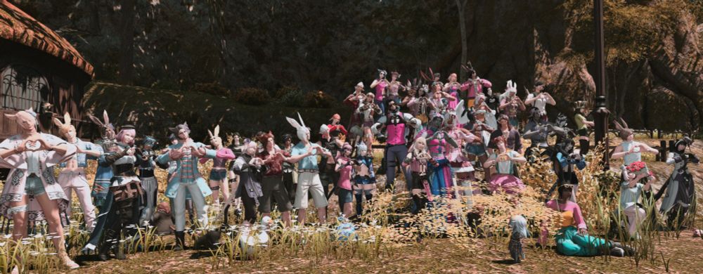 A group altered screenshot of Final Fantasy XIV featuring those who attended Pride25AP hosted by Lumeria!