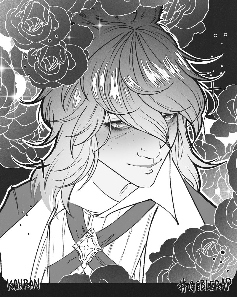A greyscale portrait of the FFXIV player character, Kahran. He is staring off screen with a warm, playful smile whilst a soft wind blows about his hair.